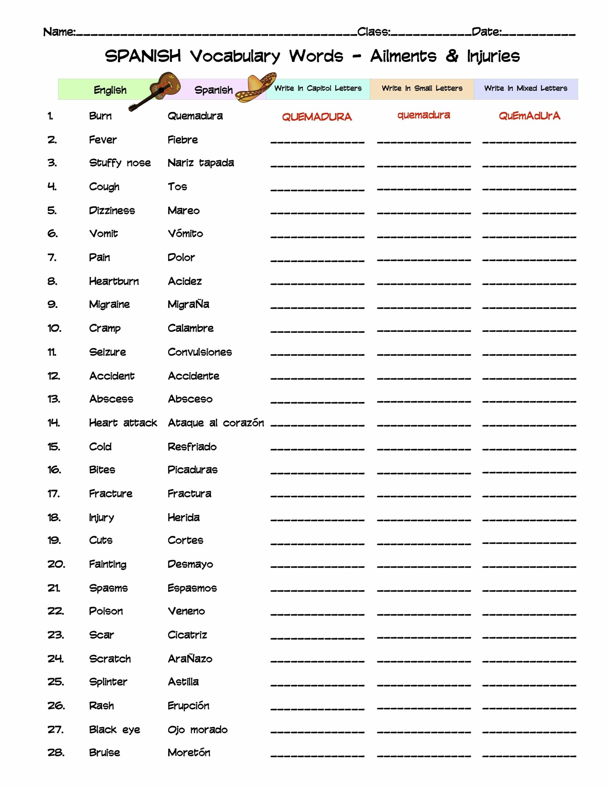 vocab sheets for any words