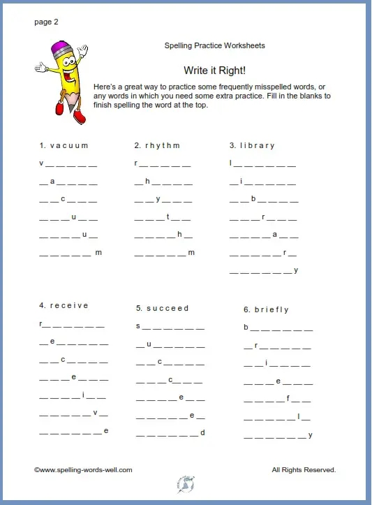 spelling practice worksheets for adults