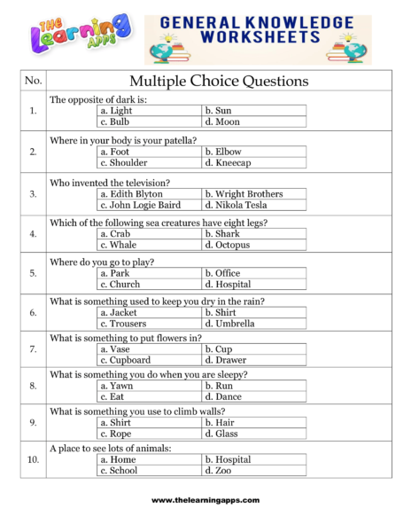 General Knowledge Quiz Printable For Kids The Learning Apps