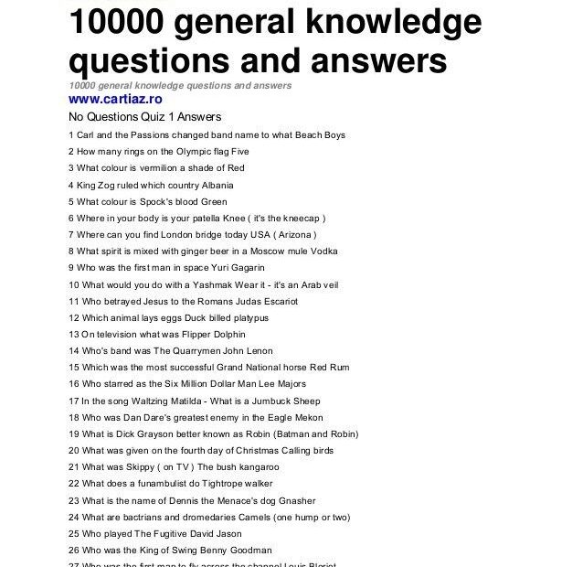 General Knowledge Trivia Questions And Answers Printable KnowledgeWalls