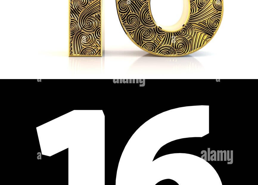 Golden Number Sixteen 16 Years On White Background With Pattern Style