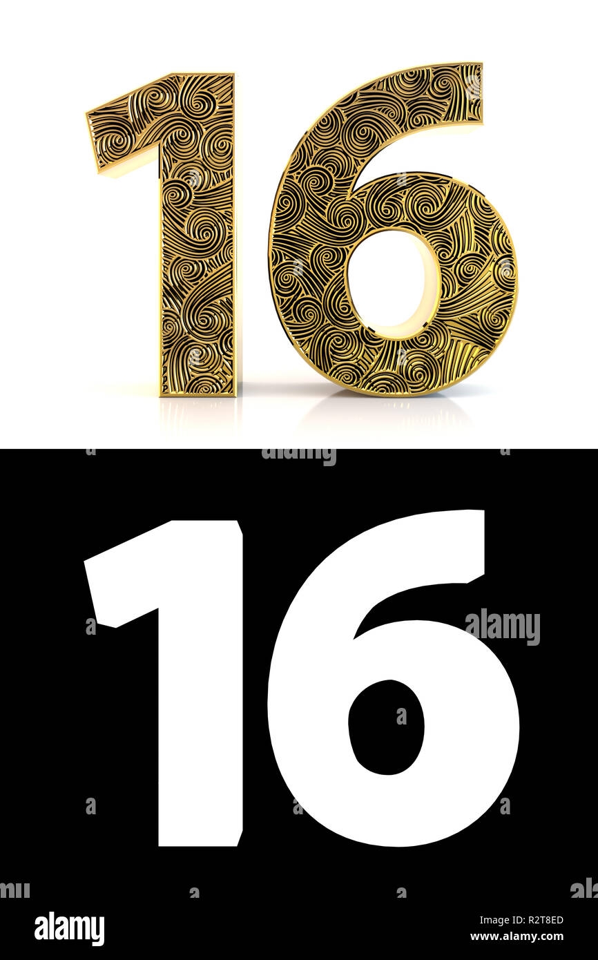 Golden Number Sixteen 16 Years On White Background With Pattern Style 
