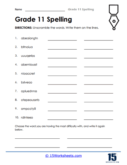 Grade 11 Spelling Worksheets 15 Worksheets
