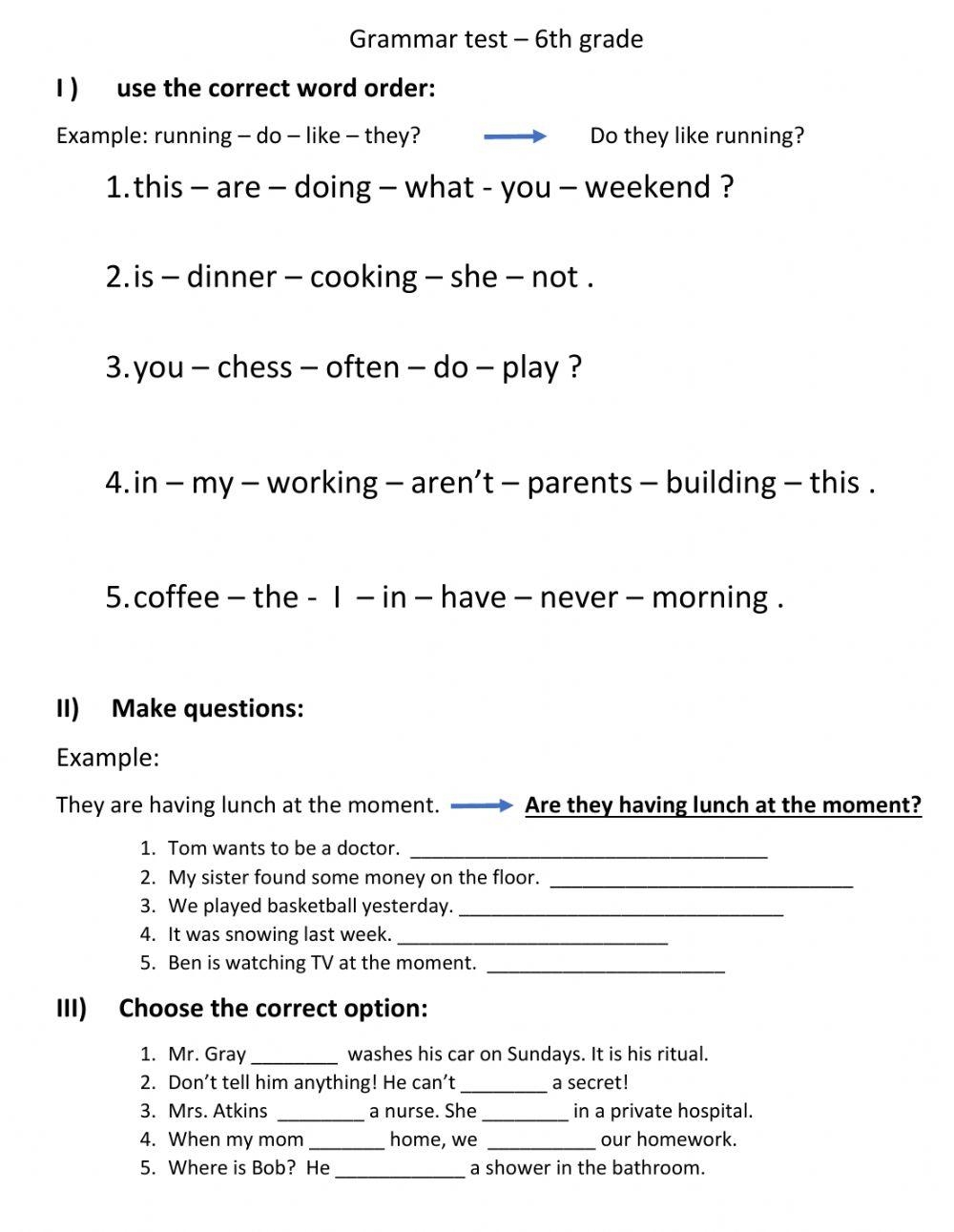 Grammar Test Online Pdf Exercise For Grade 6 Live Worksheets 