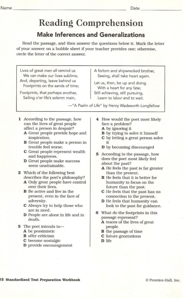 High School Reading Comprehension Test Reading Comprehension Worksheets