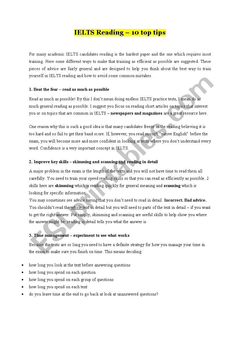 IELTS Reading Tips ESL Worksheet By Mazgutov123
