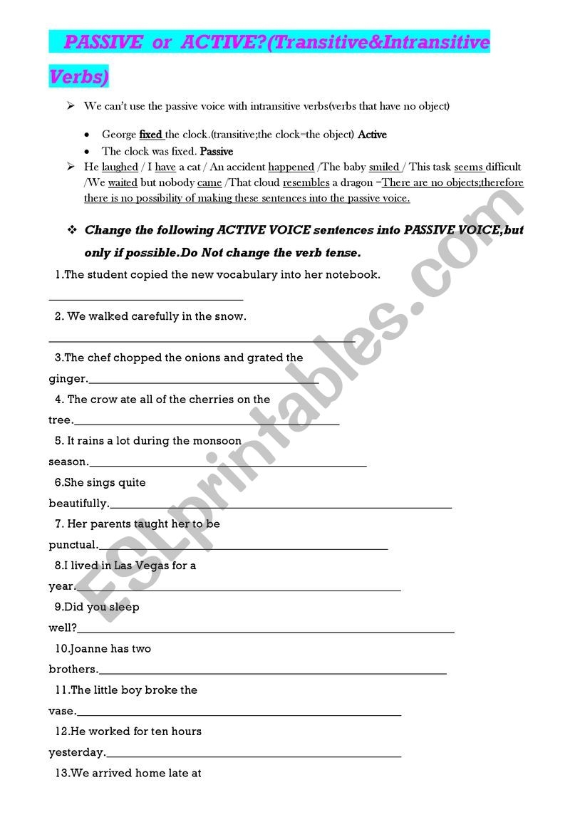 INTRANSITIVE TRANSITIVE VERBS ACTIVE Or PASSIVE ESL Worksheet By 