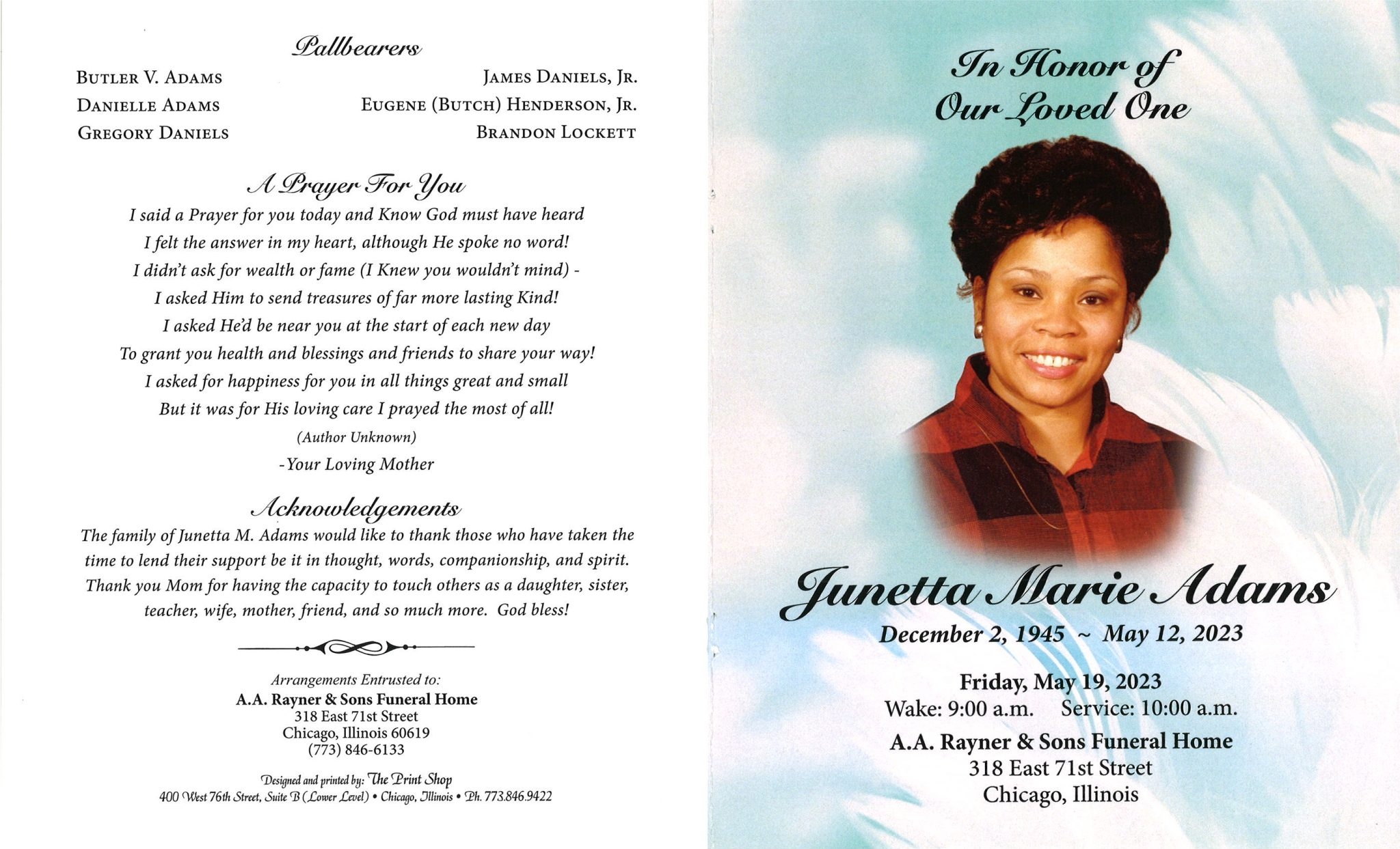 Junetta M Adams Obituary AA Rayner And Sons Funeral Homes