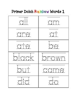 Kindergarten Rainbow Traceable Sight Words Primer Dolch Word Work Center
