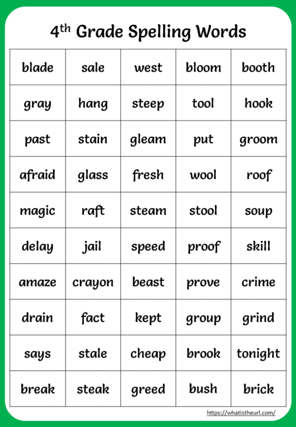 List Of Spelling Words For 4th Graders