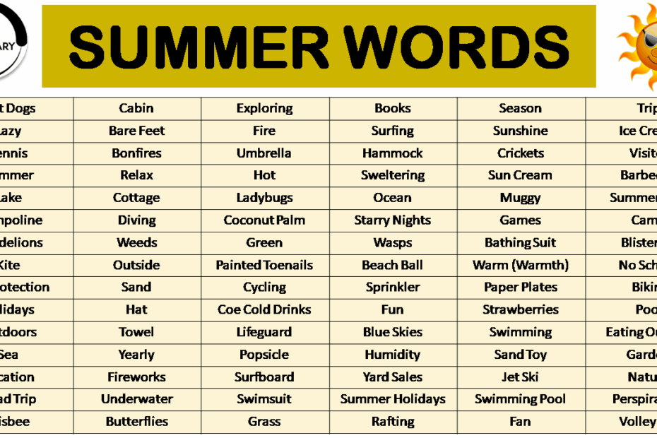 List Of Summer Words Vocabulary Point