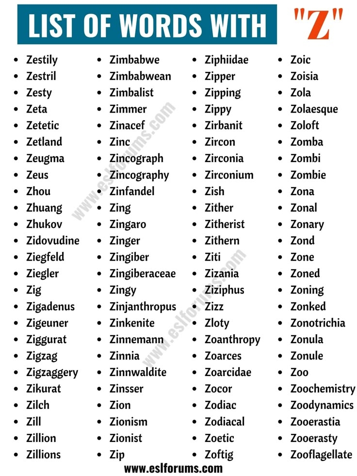words a to z list