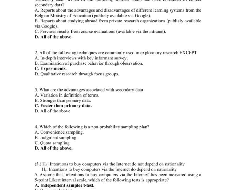 Marketing Research Exam Questions Multiple Choice Practice