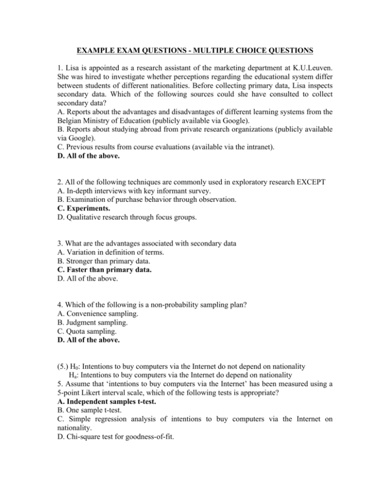 Marketing Research Exam Questions Multiple Choice Practice