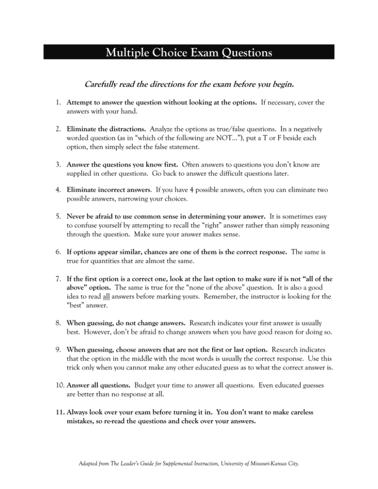 Multiple Choice Exam Strategies Test Taking Guide