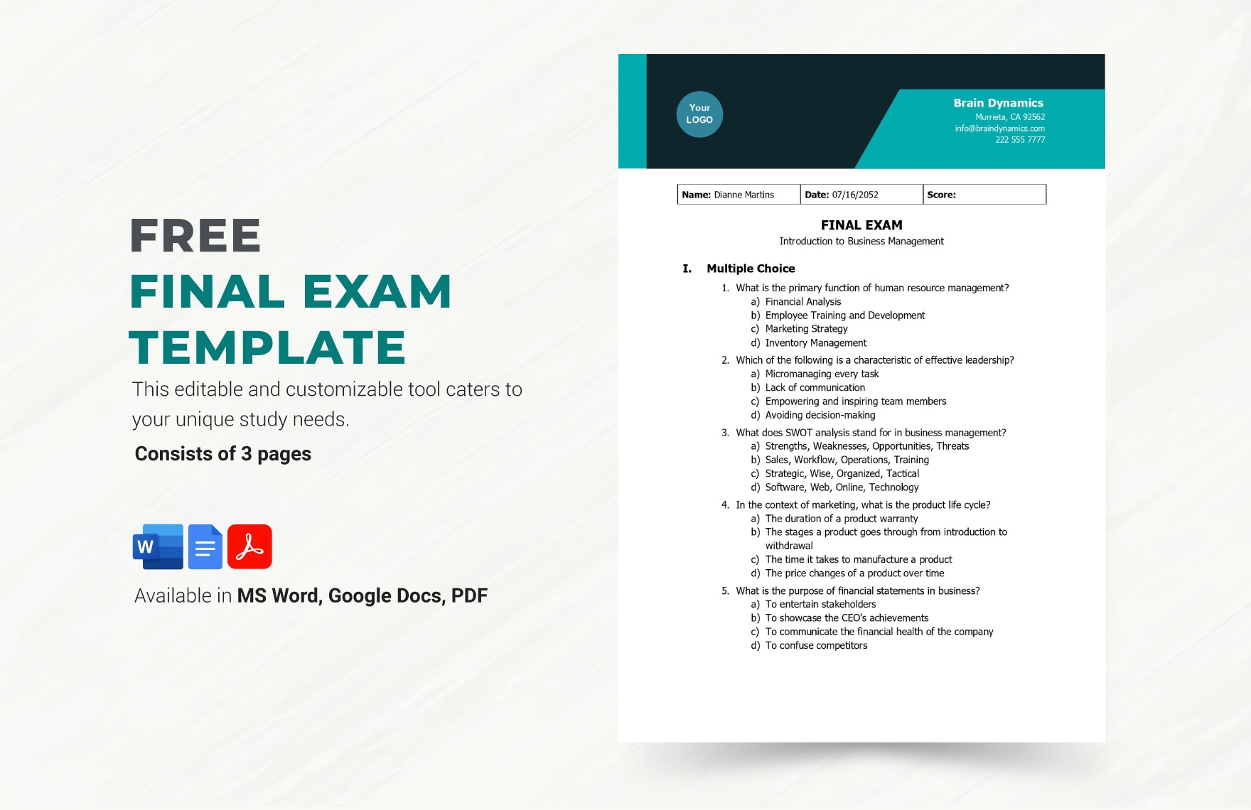 Multiple Choice Exam Template In Word PDF Google Docs Download 