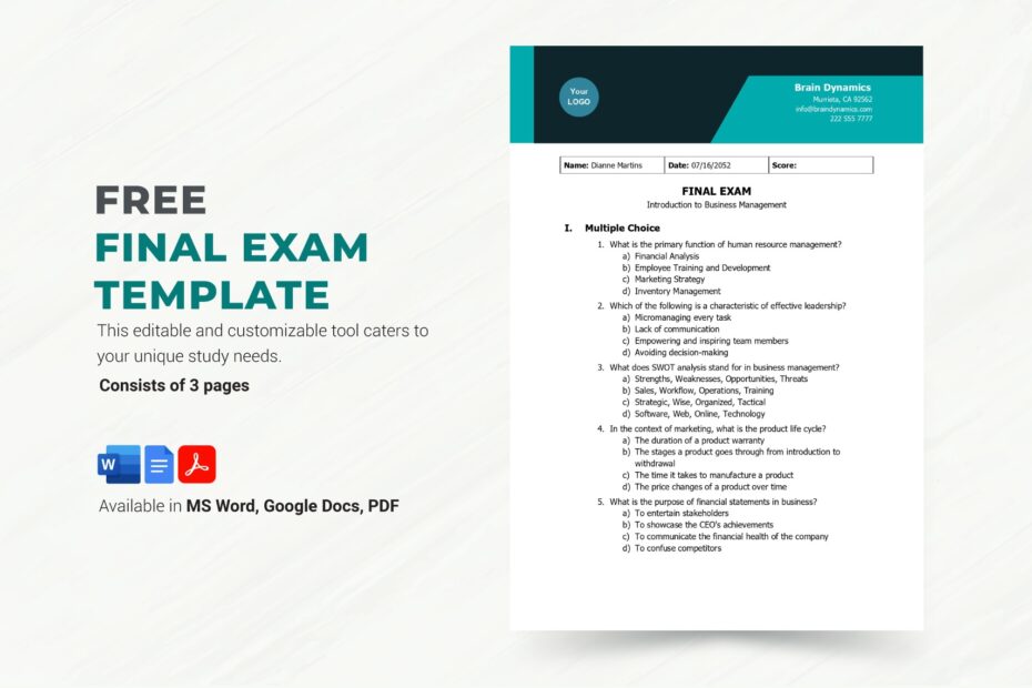 Multiple Choice Exam Template In Word PDF Google Docs Download
