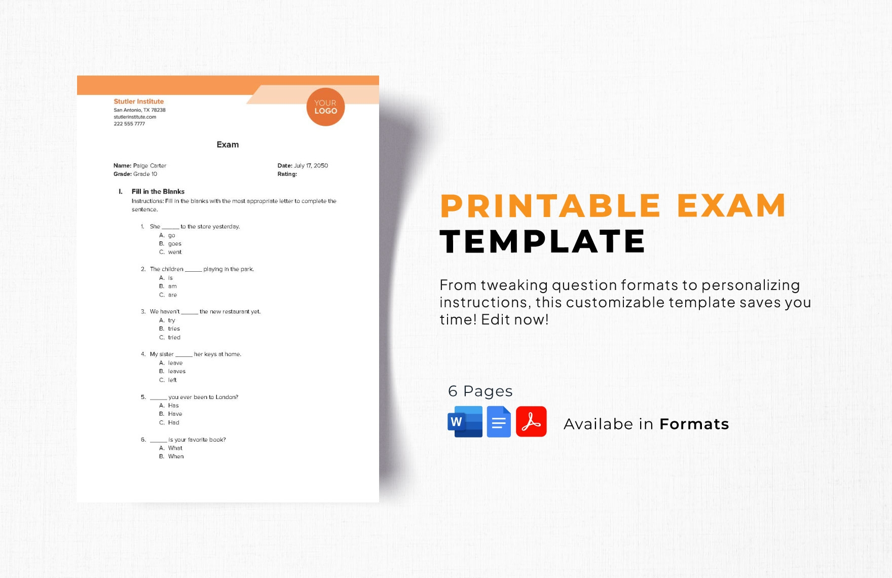 Multiple Choice Exam Template In Word PDF Google Docs Download 