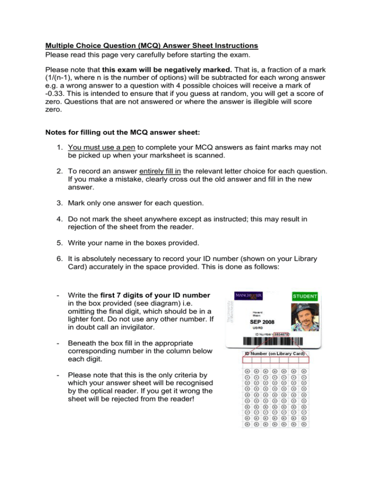 Multiple Choice Question MCQ Answer Sheet Instructions Please
