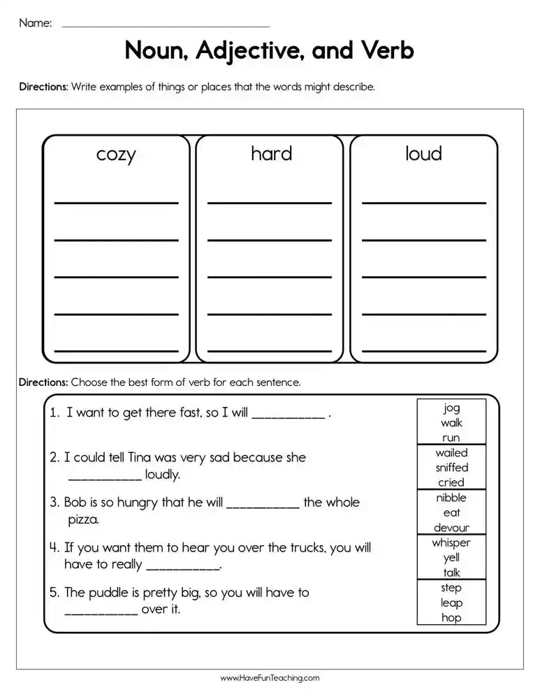 Noun Adjective And Verb Worksheet Worksheets Library