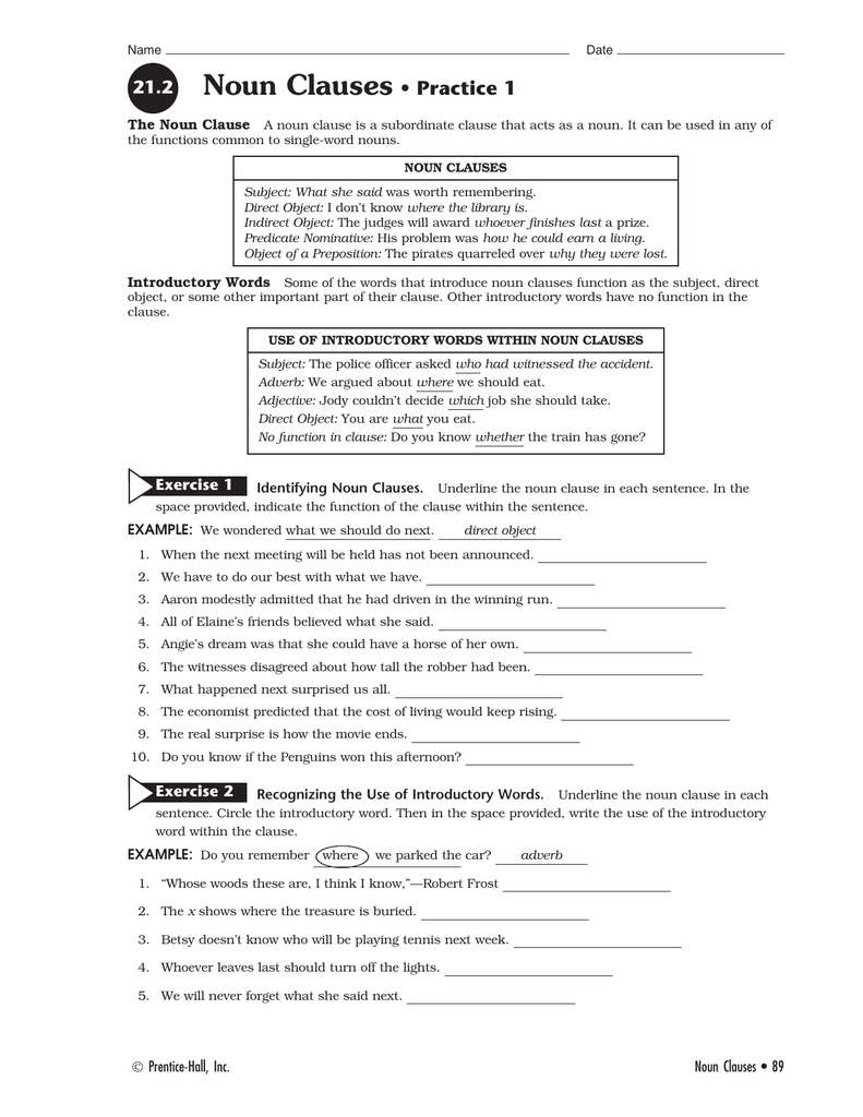 Noun Clause Exercises With Answers Doc Worksheets Joy