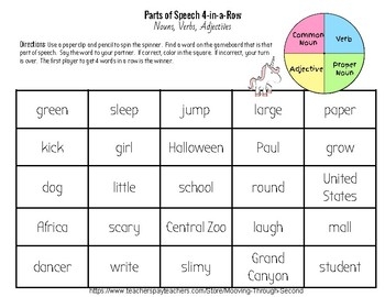 Noun Verb Adjective Game 4 in a Row By Mooving Through Second