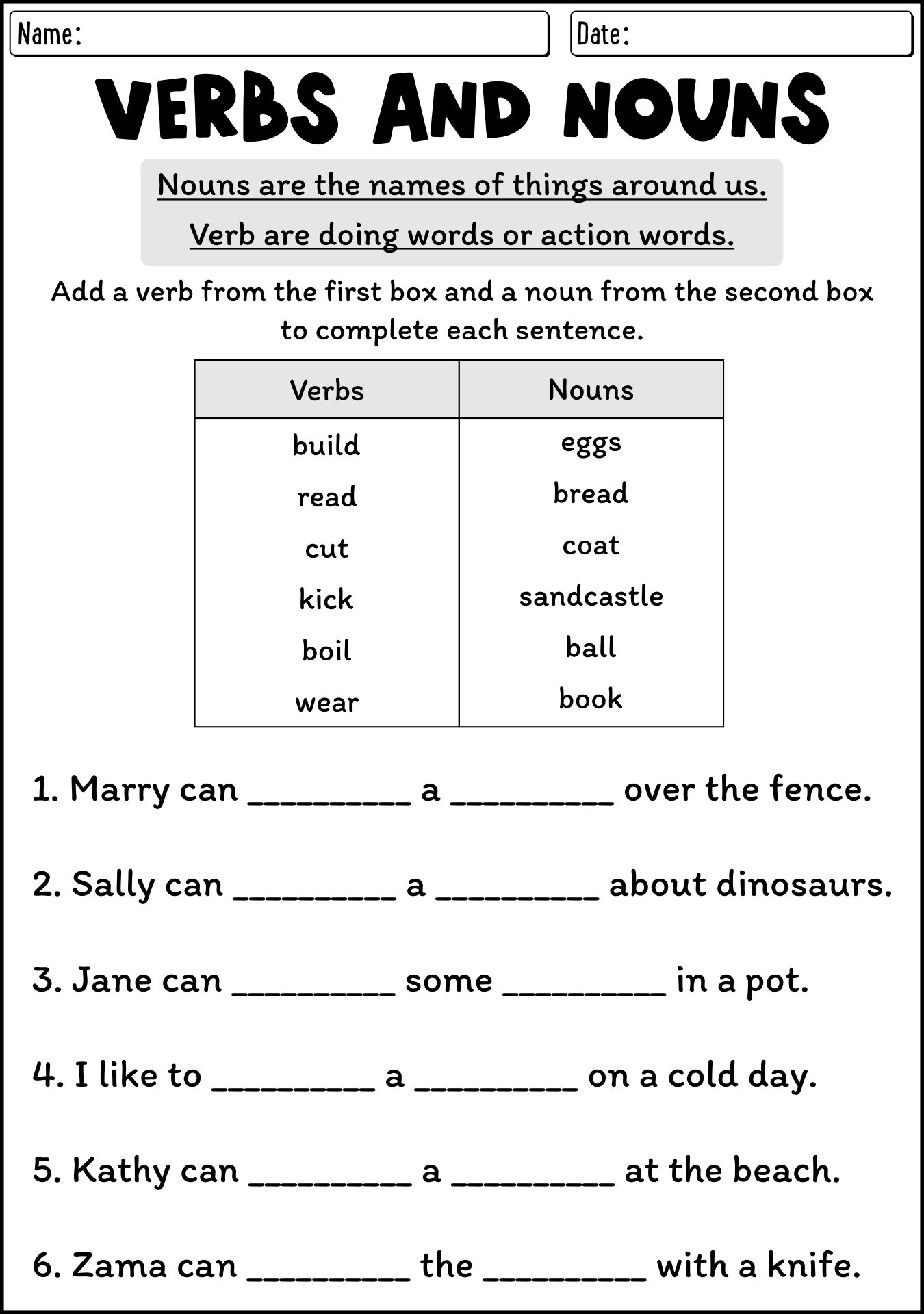 Noun Worksheet For Kids