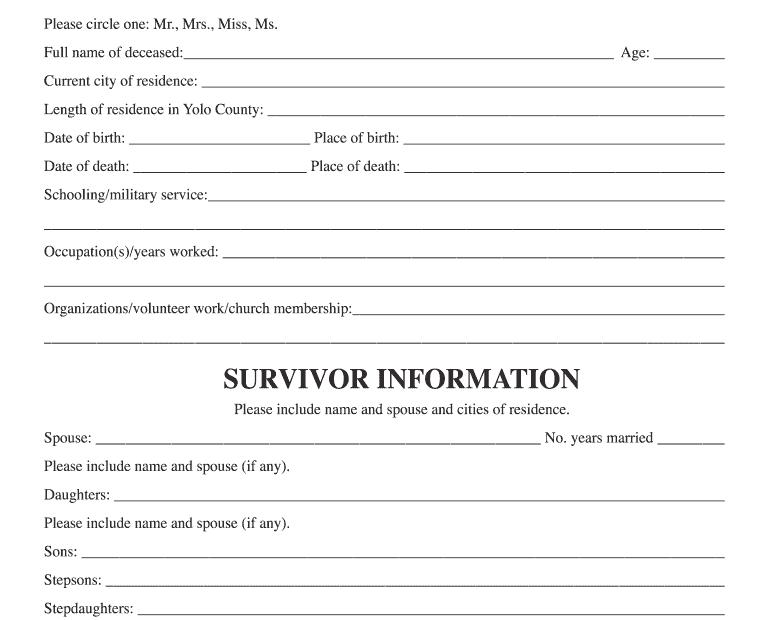 Obituary Form To Fill Out Fill Online Printable Fillable Blank