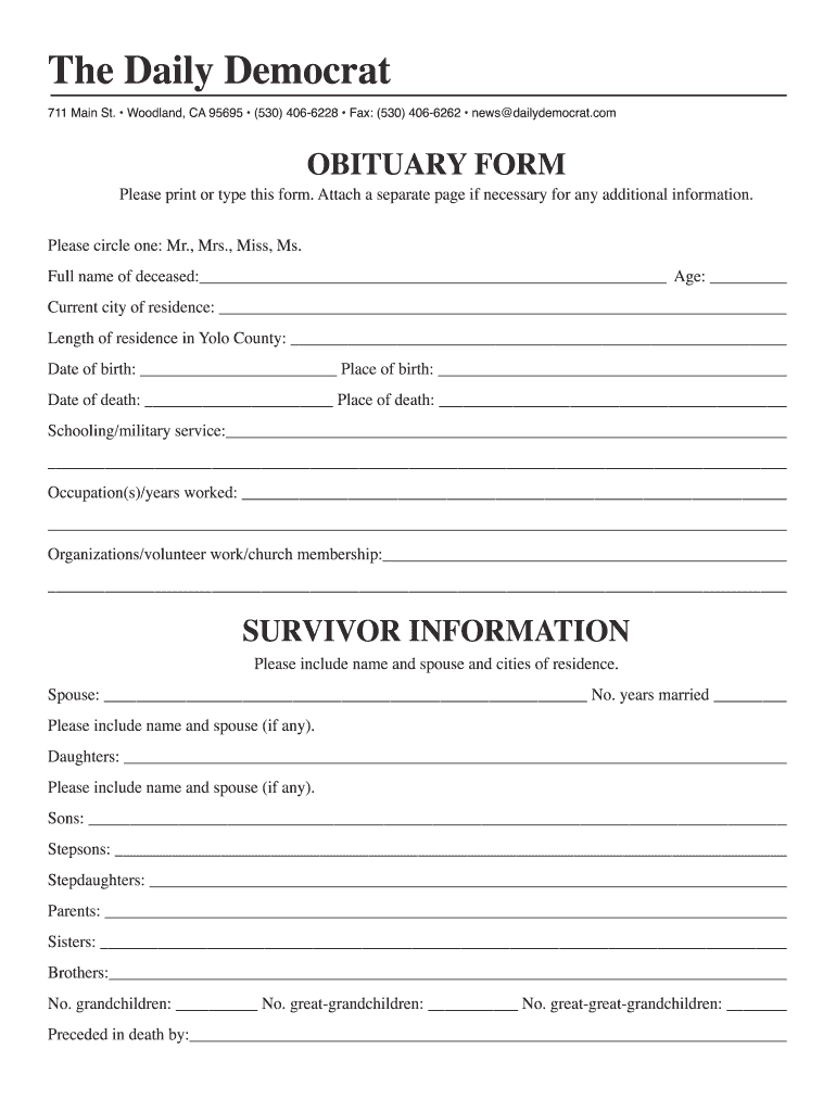 Obituary Form To Fill Out Fill Online Printable Fillable Blank 