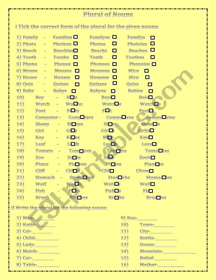 PLURAL NOUN EXERCISE ESL Worksheet By Builinh2102