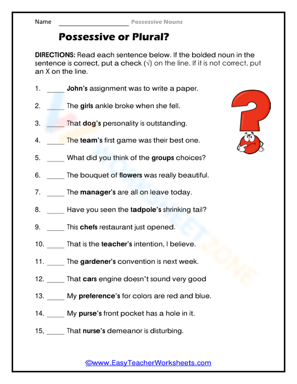 Possessive Nouns Worksheets Singular And Plural Possessive Nouns 