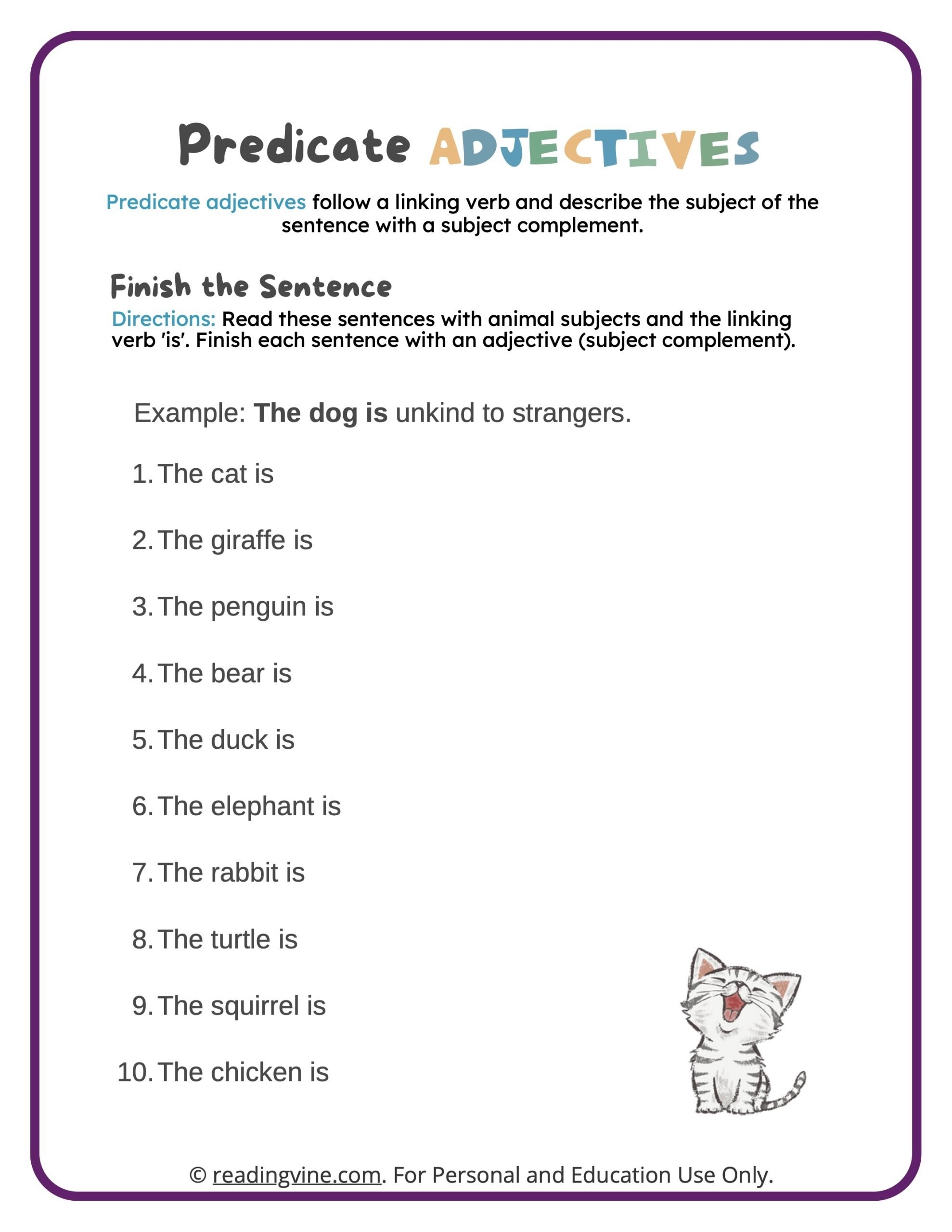 Predicate Adjectives Worksheets ReadingVine Worksheets Library