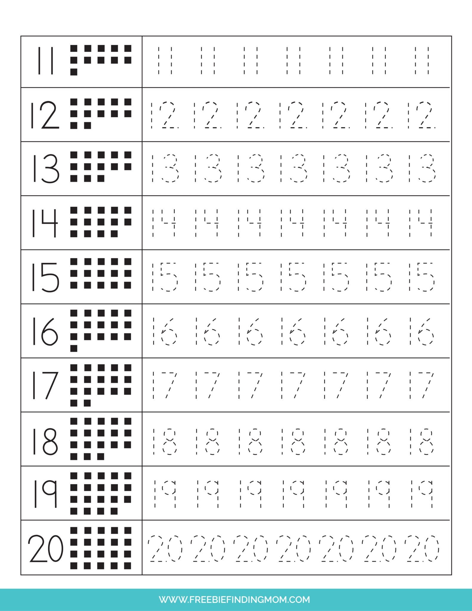 tracing number 1 20 worksheets