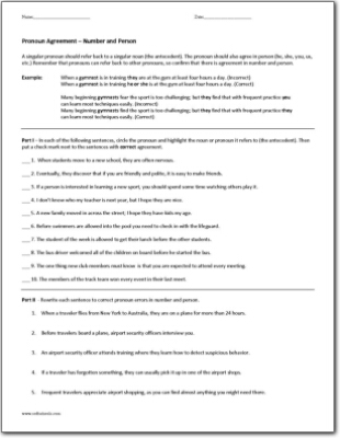 Pronoun Agreement Number And Person Worksheet