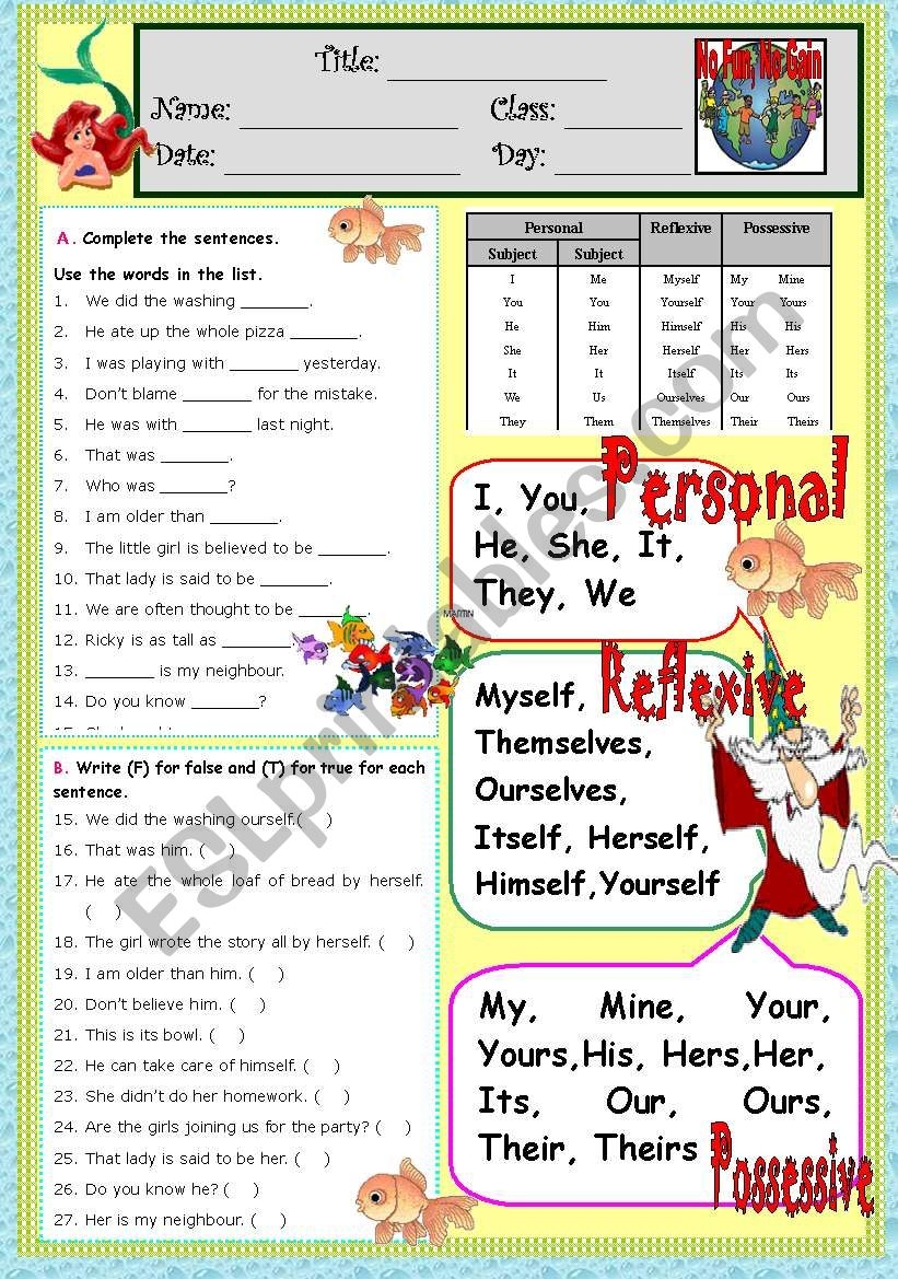 PRONOUNS Personal Reflexive Possessive B W Included 2pages 