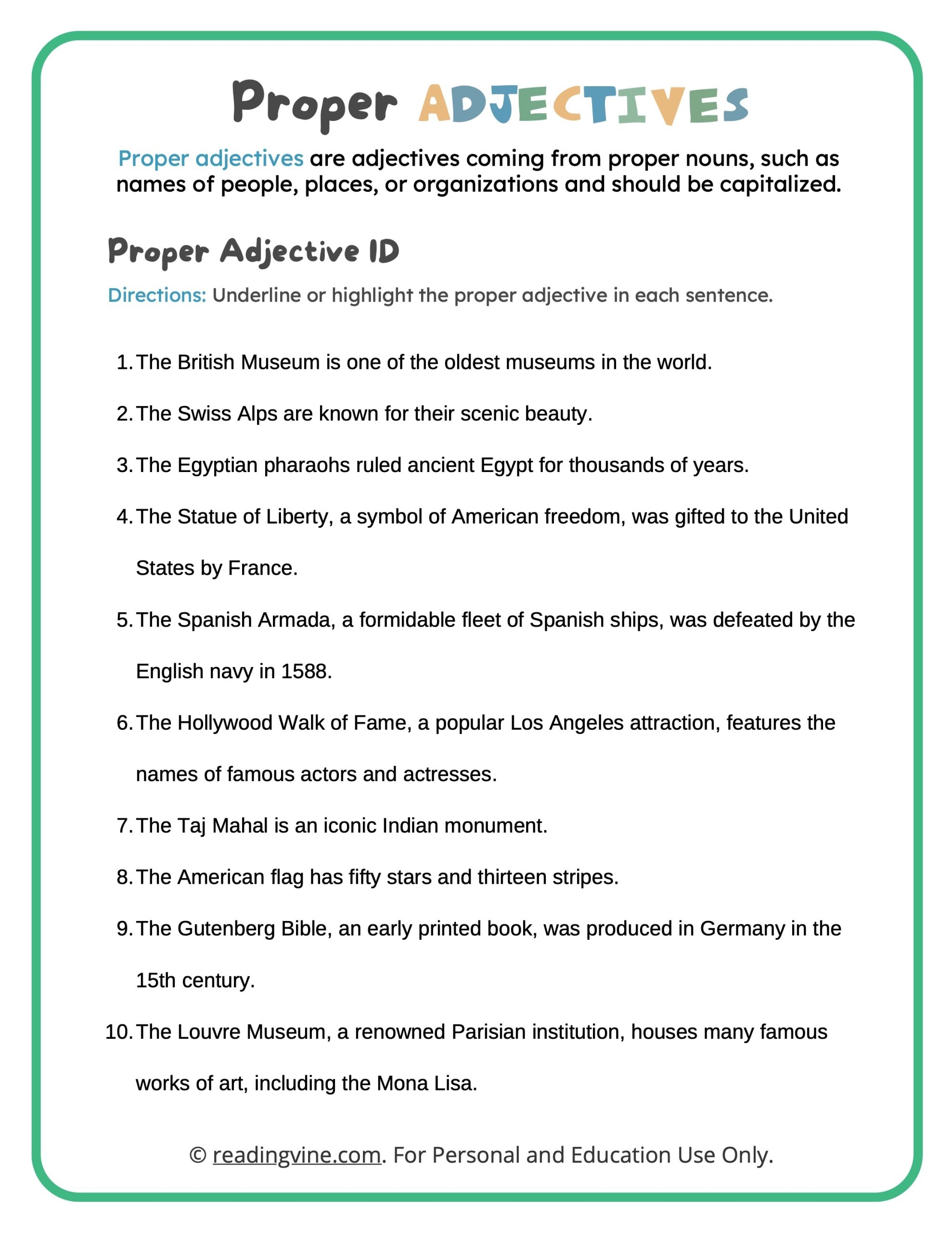 Proper Adjectives Worksheets ReadingVine