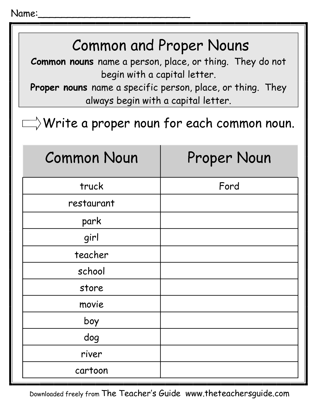 Proper Nouns Second Grade