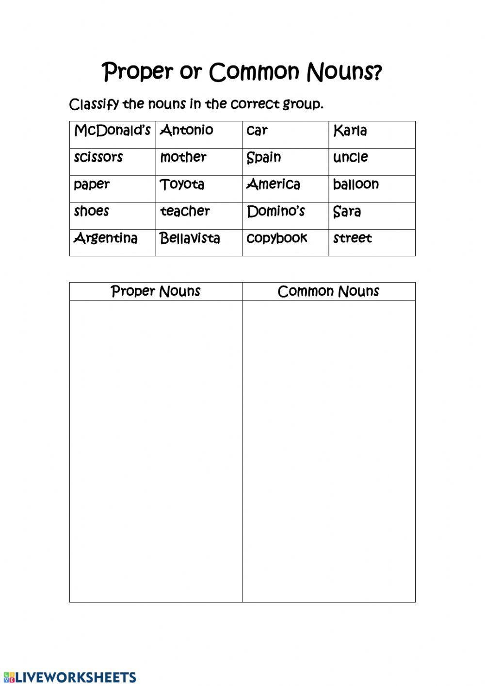 common noun and proper noun worksheet