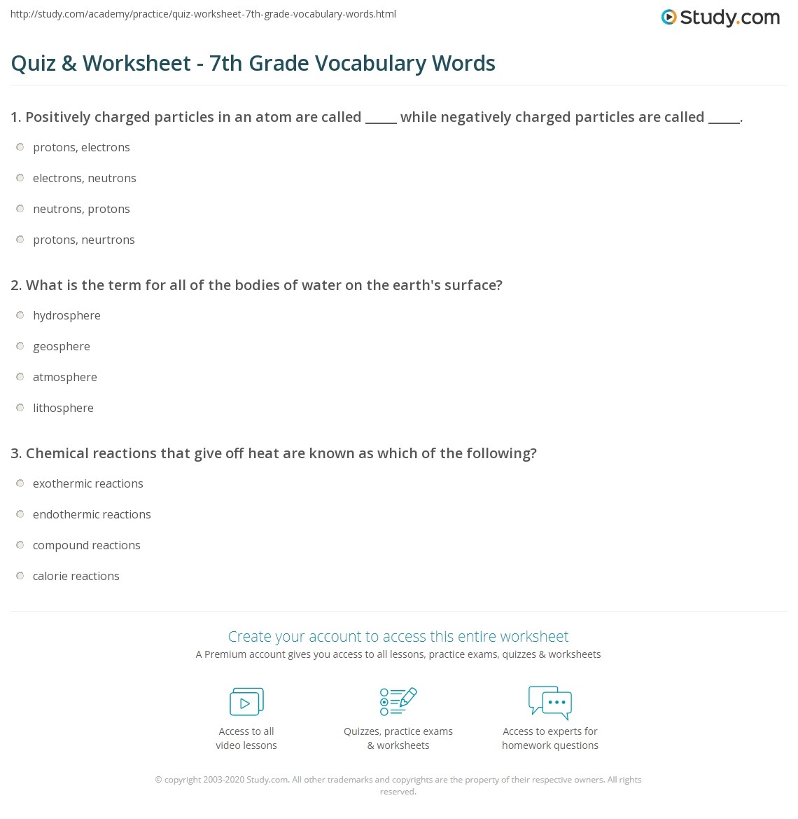 Quiz Worksheet 7th Grade Vocabulary Words Study