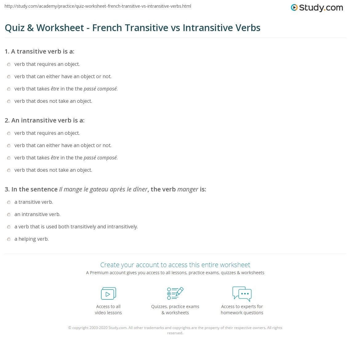 Quiz Worksheet French Transitive Vs Intransitive Verbs Study