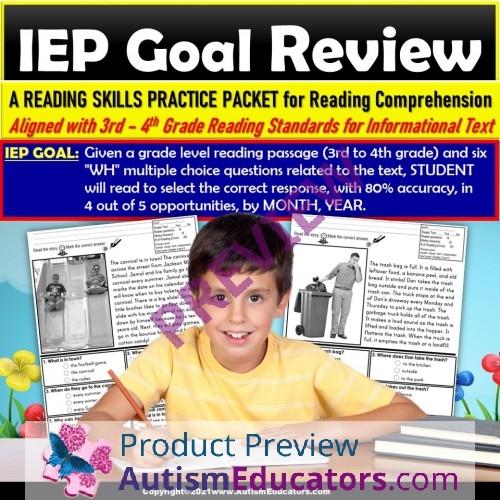 Reading Comprehension Passage And WH Questions 4th Grade IEP Goal Skill 