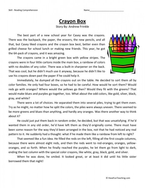 Reading Comprehension Worksheet Crayon Box