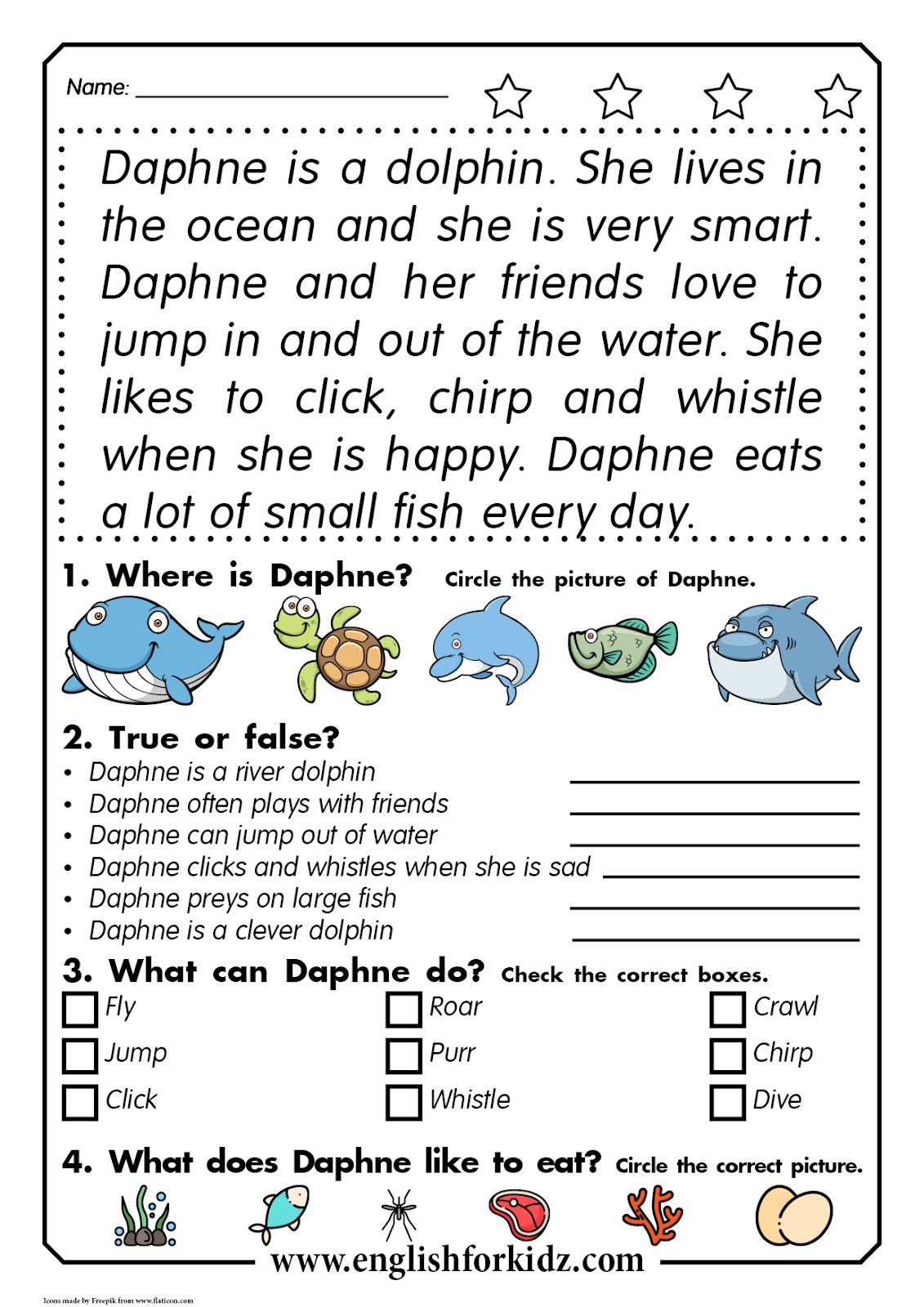 Reading Comprehension Worksheets Daphne The Dolphin Printable Worksheets