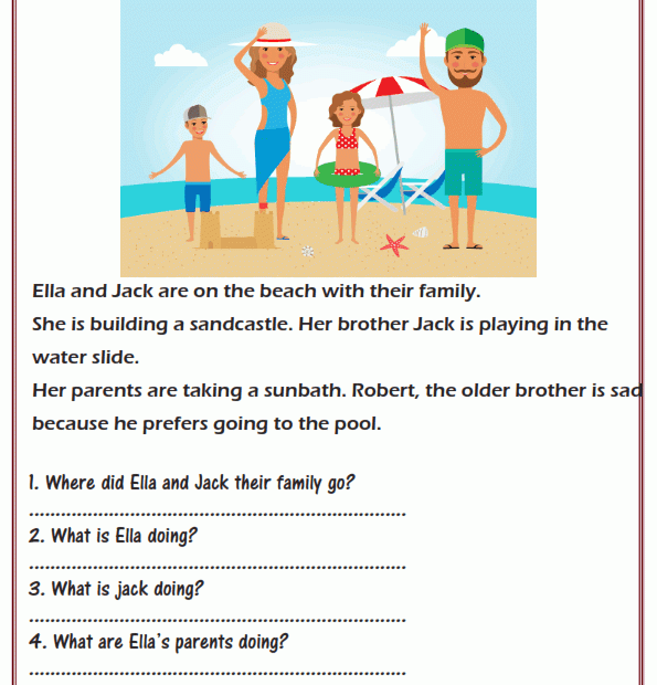 Reading Comprehension Worksheets Ella And Jack Are On The Beach With