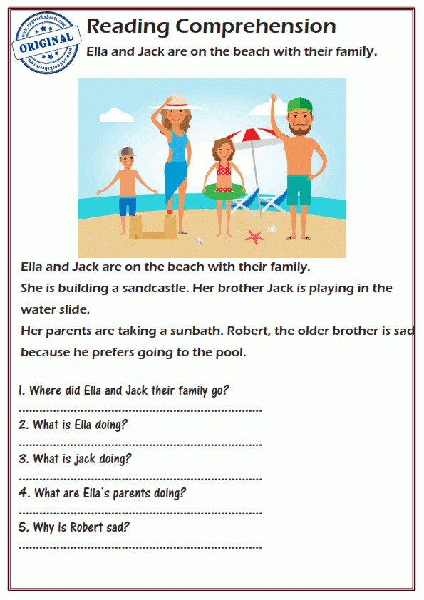 Reading Comprehension Worksheets Ella And Jack Are On The Beach With 