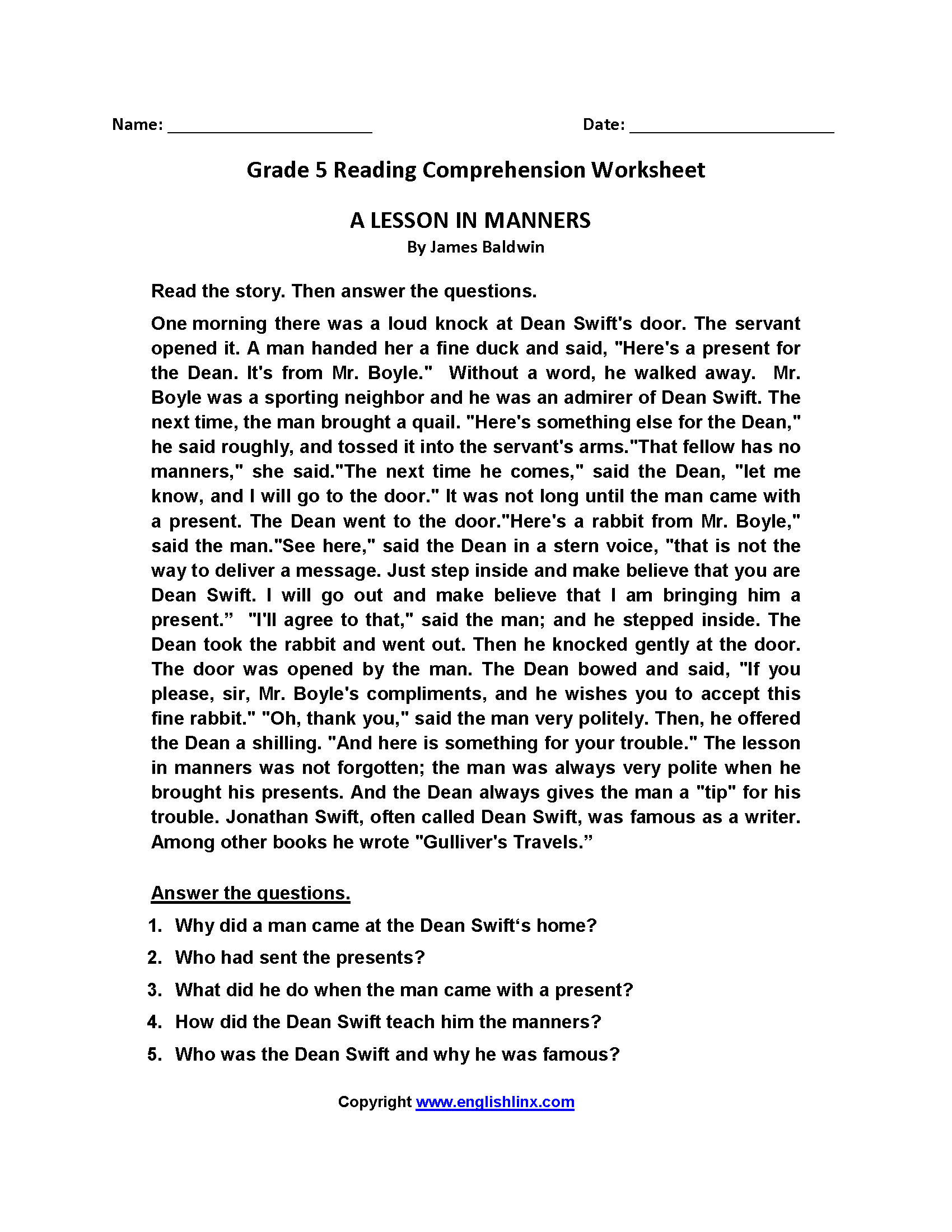 Reading Worksheets Fifth Grade Reading Worksheets