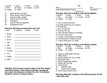 vocabulary words and definitions