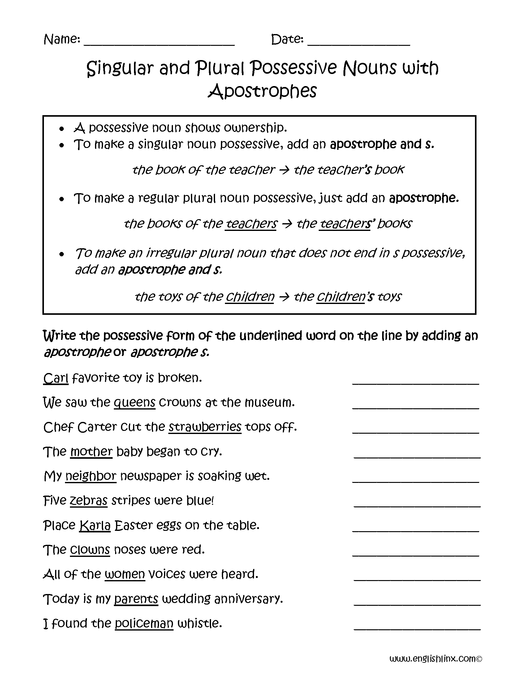 Singular And Plural Possessives Worksheet