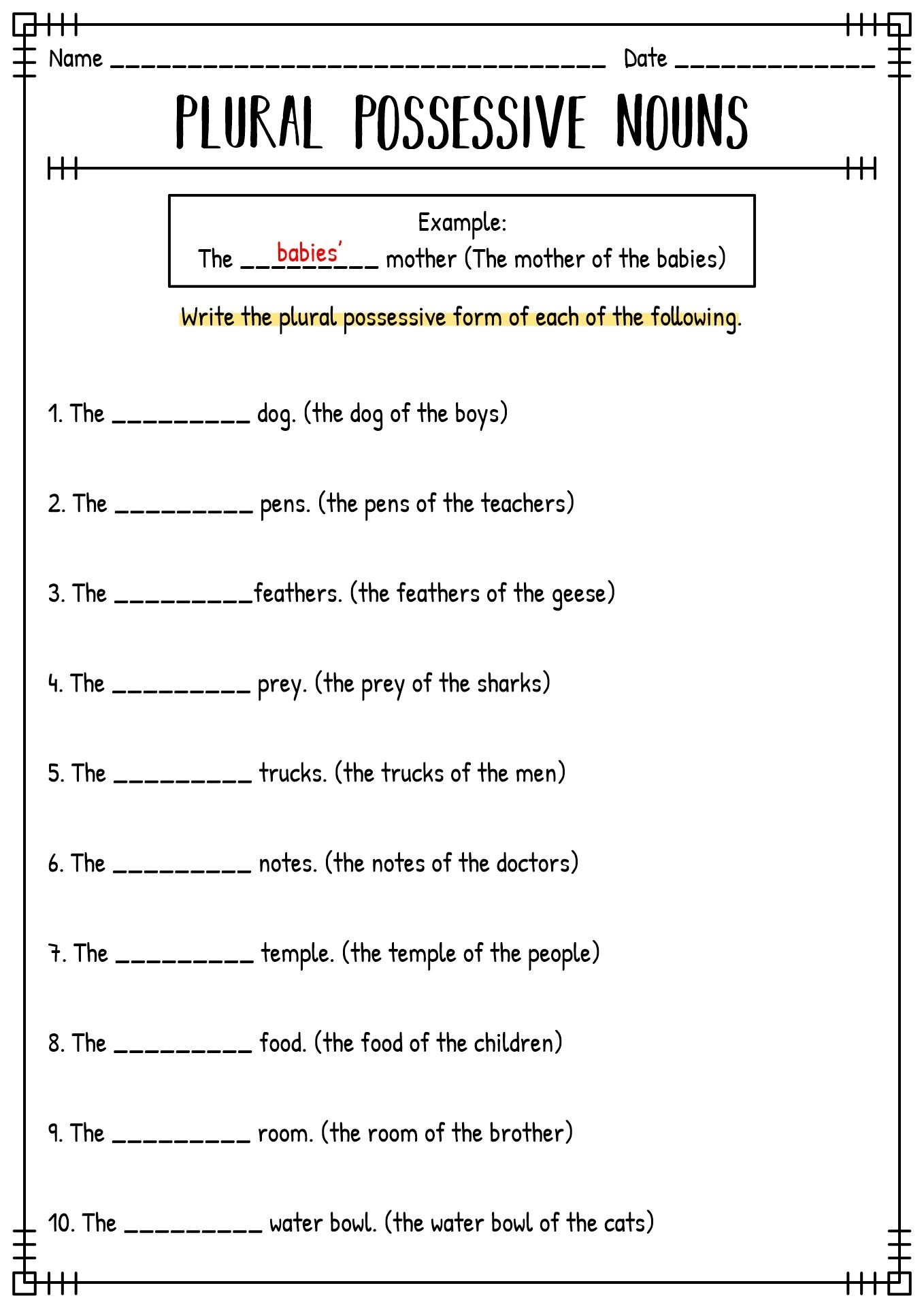 Singular Possessive Nouns Worksheet