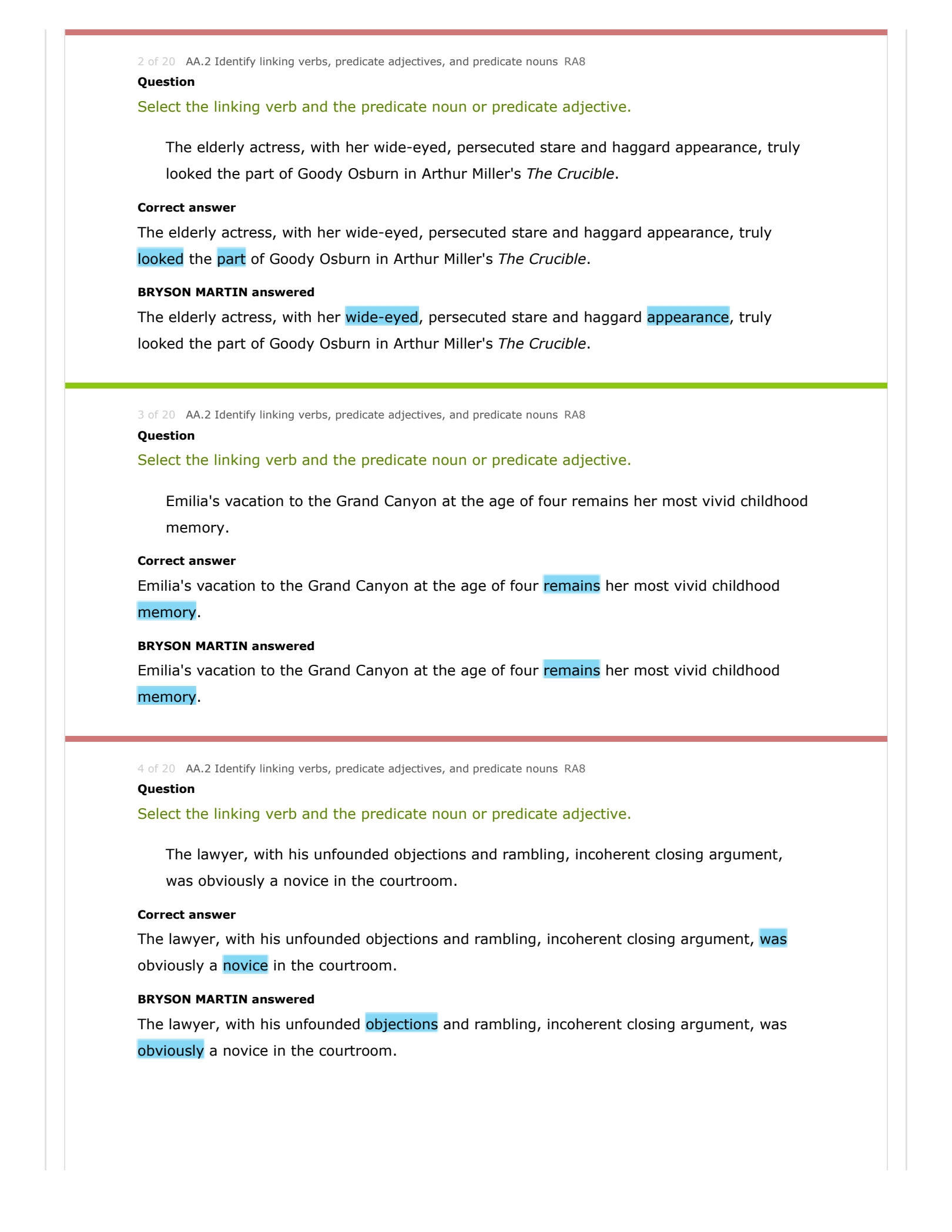 SOLUTION Ixl Quiz Resultslinking Verbs Predicate Nouns And 